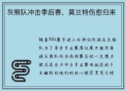灰熊队冲击季后赛，莫兰特伤愈归来